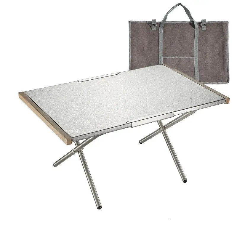Meja berkemah baja tahan karat, perlengkapan meja lipat portabel luar ruangan untuk Kemah