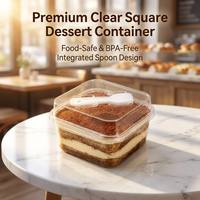 Boîte de rangement carrée en plastique PET transparent pour mousse au chocolat et tiramisu avec cuillère