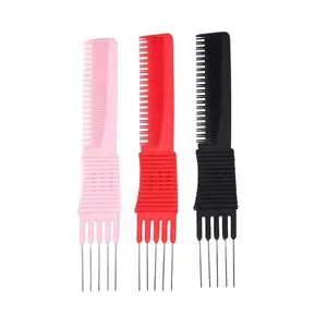 Colorful Hairdressing Tooth Oil Fork Hair Long Triple Teasing Comb With 5 Stainless Steel Pins