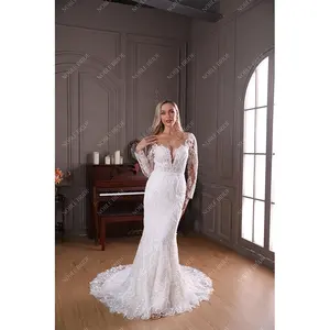 Supplier Women V Neckline Long Sleeve Wedding Gown Bridal Sequin Lace Applique Backless Glitter Wedding Dresses Detachable Train