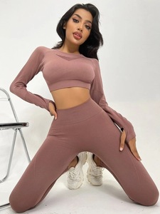 2025 New Seamless Workout Set <b>Women</b> Activewear Two Piece Set Long Sleeve Shirts <b>Leggings</b> Yoga Suit - Product Image 2