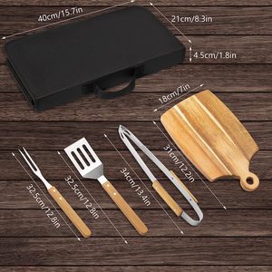 Ensemble d'accessoires de barbecue en métal de luxe, 4 pièces, kit de grillade avec planche à découper en bois, résistant au lave-vaisselle et à la chaleur - Product Image 3