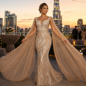 Abito da ballo champagne nude con scollo a V profondo, maniche a scialle in tulle con doppia perla, coda a sirena con paillettes e perle, abito da <span class=keywords><strong>sera</strong></span> - Product Image 6