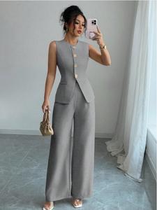 Ensemble 2 pièces décontracté pour <span class=keywords><strong>femme</strong></span>, tailles S-3XL, couleur unie, style professionnel, col en V, débardeur et pantalon, 100 % polyester, respirant et séchage rapide - Product Image 2