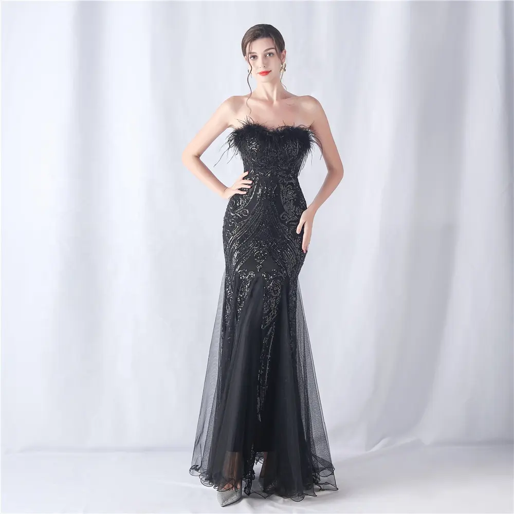 Wholesale Online Strapless Sleeveless Black Sequined Mermaid Women Formal Evening Dresses