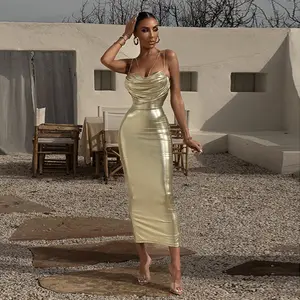 WY9612 Neuankömmlinge glänzend Gold Dame Ballkleid sexy Low Cut Bodycon Straight Fit Kleid für Frauen