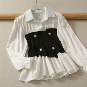 Blusa Blanca de Manga Larga para Mujer con Panel de Contraste Negro, Botones de Perla, Volantes, Cuello Camisero, Estilo Dulce, Corte Holgado - Product Image 3