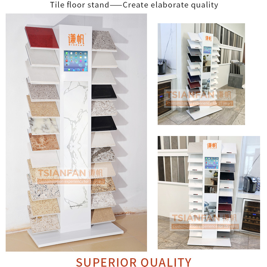 Factory direct floor-standing marble slab natural stone tile panel exhibition hall quaraz metal granite display stand