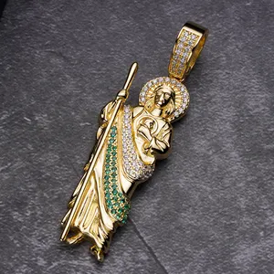 18k Plated Saint Jude San Judas Tadeo Pendant Green CZ Moissanite Diamond Pave Our Lady Of The Holy Death Santa Muerte Pendants