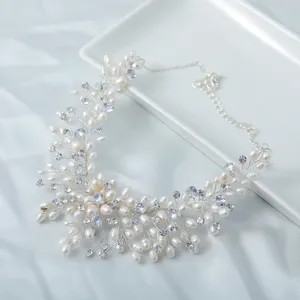 Luxury Bridal Hair Accessories Handmade Fresh Water Pearl And Crystal Earring Bracelets Necklace Ring Women Wedding Jewelry Sets