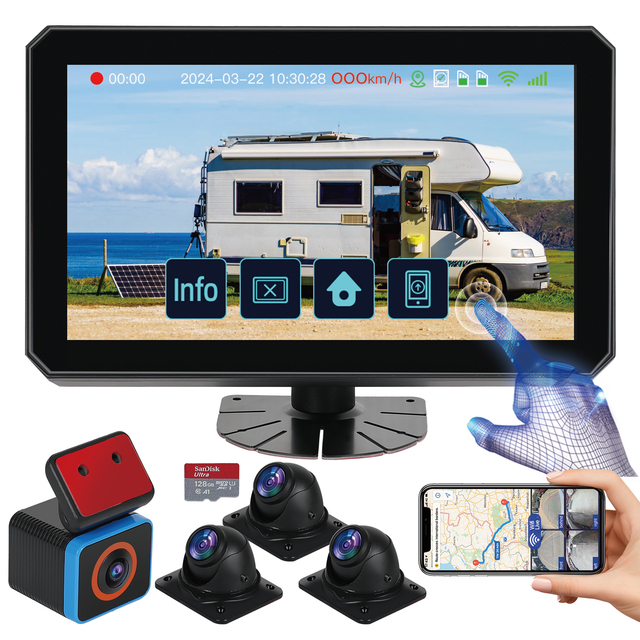6CH AI WiFi GPS RV Backup Camera System with 10.1" Touch Screen Monitor and 4 1080P Cameras Mobile DVR Dash Cam Sentry Mode