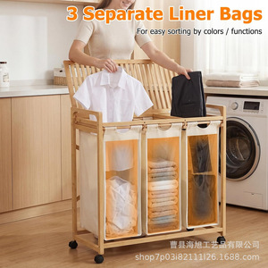 Estante de almacenamiento de ropa de bambú con bolsas de lona de 50L y tapa de madera para organizar la ropa en el baño - Product Image 4