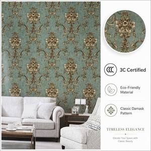Papel Tapiz de PVC con Diseño Damasco Verde Vintage de Lujo, Revestimiento de Pared Floral Europeo para Espacios de Alta Gama - Product Image 1