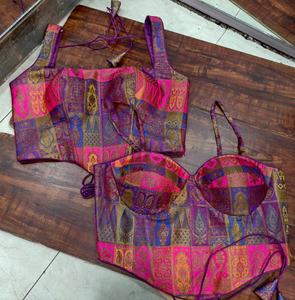 Chemisier bustier en brocart Banarasi pour femme avec bretelles, multicolore, pour mariée et mariage - Product Image 2