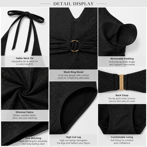 Traje de Baño Entero Brillante con Cuello Halter, Monokini Ajustado con Cinturón para Vacaciones - Product Image 4