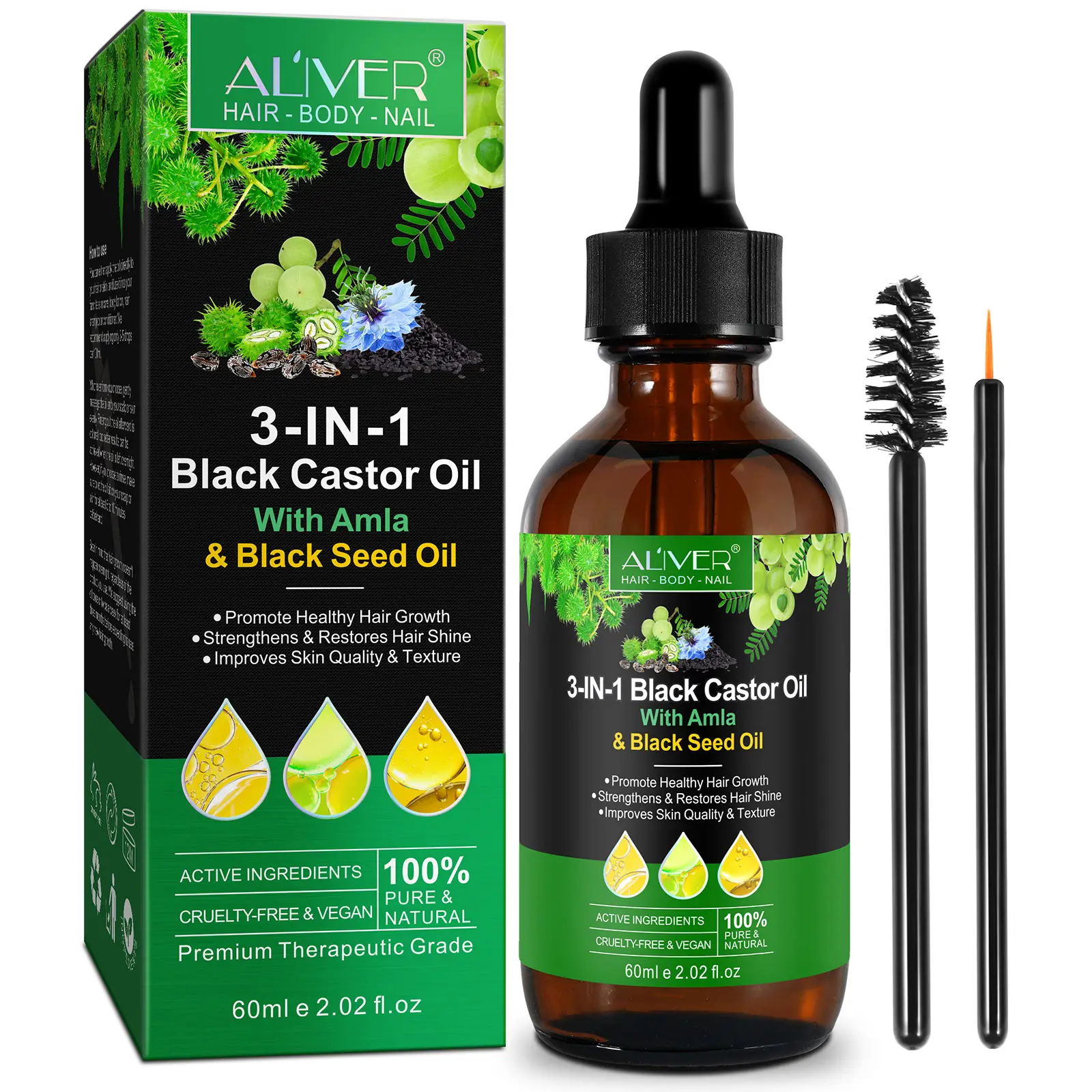 ALIVER 100% Pure Natural Premium Grade Restaure les soins capillaires 3 en 1 Huile de ricin noire avec Amla et huile de graines noires pour la croissance des cheveux