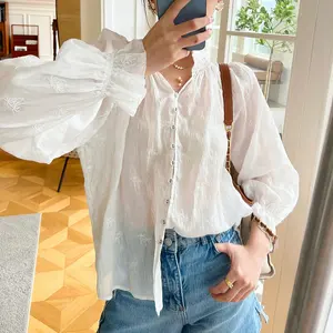 2023 Wholesale Elegant Smocked Neck Women Blouse Casual Allover Embroidery Long Sleeve Loose Female Tunic White Blouse For Women