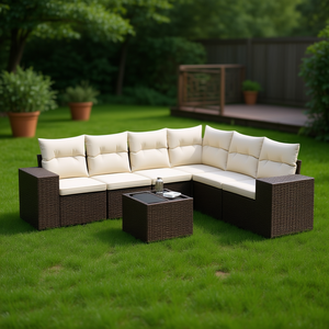 Conjunto de sofá de jardín de ratán blanco crema y marrón con cojines, 6 plazas, muebles de exterior, diseño contemporáneo - Product Image 2