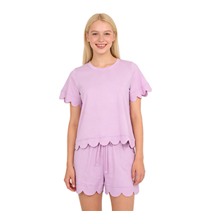 Sin Aranceles, Contáctenos: GSSO3201 RTS <span class=keywords><strong>Ropa</strong></span> de Boutique para Mujer, Conjunto de Shorts y Blusa de Manga Corta con Volantes Ondulados en Rosa y Morado Sólido, <span class=keywords><strong>Ropa</strong></span> para Adultos - Product Image 1