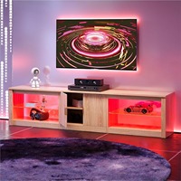 Console TV élégante en bois cannelé style ferme avec éclairage LED, meuble de rangement cannelé, étagères réglables et rangement ouvert
