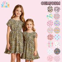 Robe Courte Fille Imprimé Léopard pour Tenue Quotidienne et Fêtes, Manches Courtes, Col Rond, Taille Froncée, Ourlet Volanté, Fabrication Personnalisée