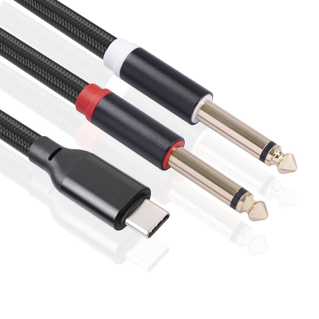 Digital Braided Cotton Mesh TYPE-C Male to Dual 6.35 Stereo Coaxial Computer Laptop Audio Cable for Monitor and Microphone