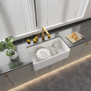 Évier <span class=keywords><strong>de</strong></span> cuisine en céramique blanc <span class=keywords><strong>de</strong></span> 33 pouces, fait main, style ferme, à face frontale en argile réfractaire, à cuve unique, avec surface polie - Product Image 1