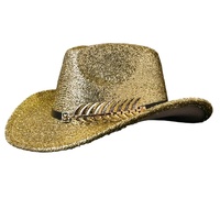 Chapeau de cowboy en gros avec paillettes dorées, bande en cuir noir à motif feuille, pour festivals de musique, enterrements de vie de jeune fille, soirées country et rodeo, pour femmes