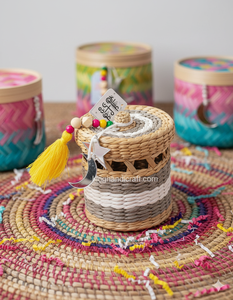 Panier/boîte de rangement rond en herbe de mer naturelle tissé à la main avec couvercle pour la décoration et les cadeaux du Ramadan/Eid - Product Image 5