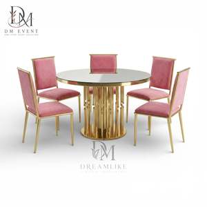Table de salle à manger ronde personnalisée en acier inoxydable doré avec base verticale en tige et plateau en verre trempé miroir - Product Image 2