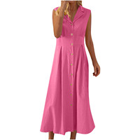 Robe midi élégante et décontractée en lin à col tailleur sans manches boutonnée pour femme – Collection été 2026