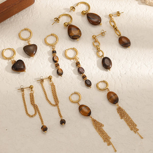 Pendientes Colgantes Vintage de Ojo de Tigre con Borlas, de Acero Inoxidable, con Forma de Corazón, Joyería de Moda, Origen Yiwu TE60631 - Product Image 1