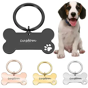 Anti-perso personalizzato Pet Id nome Tag ciondolo fascino in acciaio inox vuoto cane osso zampa portachiavi per gatto cucciolo accessori per animali domestici