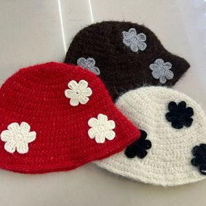 fashion packable woven <strong>hats</strong> for women crocheted knitted thick Warm <strong>bucket</strong> <strong>hat</strong> autumn winter warm <strong>crochet</strong> beanie cap with flowers - Product Image 3