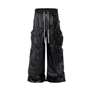 Wholesale Trendy Dark Multi-pocket Cargo Straight-leg Casual Drawstring Matte <b>Waxing</b> Coated <b>Floor</b>-length Baggy Pants for Men - Product Image 1