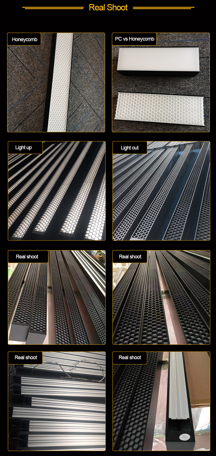 Unique designed 36w anti glare honeycomb suspended surface mount 1.2m aluminum profile led linear light
