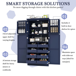 Armoire de cuisine haute autoportante avec 4 portes, 8 plateaux coulissants, 2 étagères et 1 étagère réglable pour salle à manger - Product Image 4