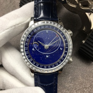 Reloj de Pulsera Clásico Automático para Hombre con Diseño de Cielo Estrellado, Brújula, Fase Lunar, Bisel con Diamantes, Correa de Cuero, Resistente al Agua - Product Image 1
