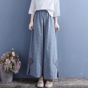 Artistic Retro Cotton Linen Wide Leg Trousers With Embroidery Split Design Casual Pants For Women - Product Image 1