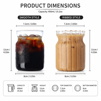 Gobelet en verre premium à paroi côtelée transparente de 15 oz avec logo personnalisé, pour café glacé, utilisation en café, restaurant ou à domicile