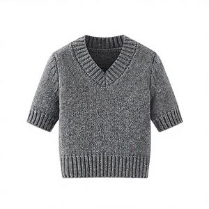 <span class=keywords><strong>Pull</strong></span> en maille de polyester uni à col en V et manches courtes pour <span class=keywords><strong>femme</strong></span>, style coréen, collection hiver, transfrontalier <span class=keywords><strong>AliExpress</strong></span> YALTEI - Product Image 1