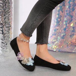 Floral Lace Ballet <strong>Flats</strong> Women Custom Pearl Decor, Black Suede Round Toe Slip-On <strong>Flat</strong> Shoes OEM Wholesale - Product Image 5