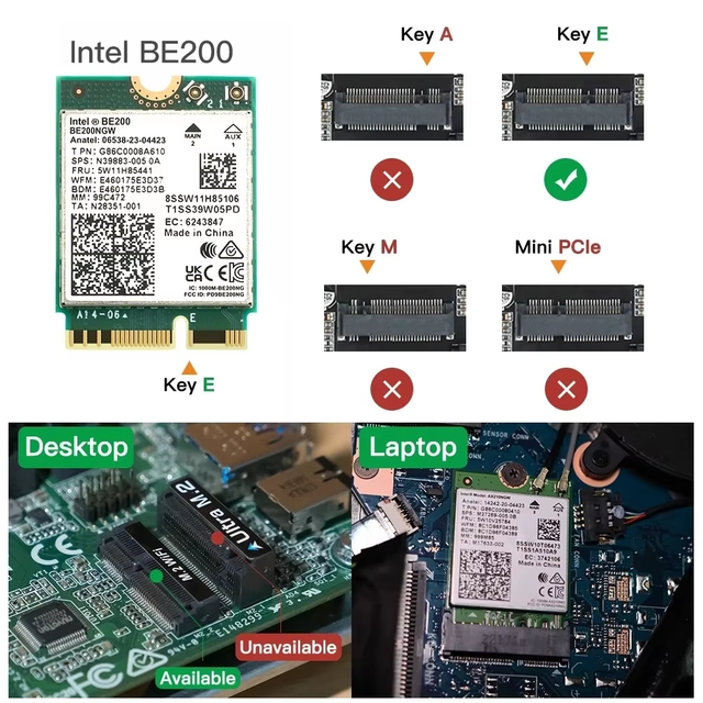 High-Speed Wifi 7 Wireless Network Adapter BT 2-in-1 Intel BE200 Mini PCI Interface for Laptop External 10gbps Stock