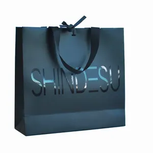Shopping Bag with Ribbon Print Retail Paper Manufactory Spot UV Square Size Luxury China Black Offset Printing Coated Paper