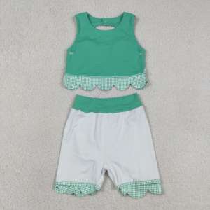 Tenues de sport athlétiques RTS pour petites filles, motif écossais vert, jupes-culottes décontractées à bord festonné, doublure, vêtements de yoga assortis pour sœurs, ensembles 2 pièces en tissu peigné - Product Image 4