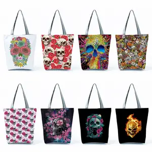Wholesale Skull Floral Print Handbags Fashion Eco Reusable Shopping Bags Trend Large Tote Bags Women Shoulder Bag Halloween Gift