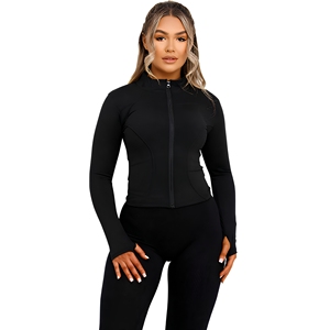 Black Full Length Sleeve Stand Neck <b>Zipper</b> Front Yoga <b>Top</b> With Pockets Solid Color Active Stretch Sportswear - Product Image 1