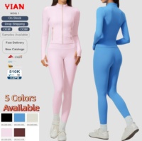 Jaket Wanita Kerah Tegak Resleting, Legging Pinggang Tinggi, Set Yoga, Ritsleting Emas, Lubang Jempol, Pakaian Olahraga Fitness, Tersedia 5 Warna