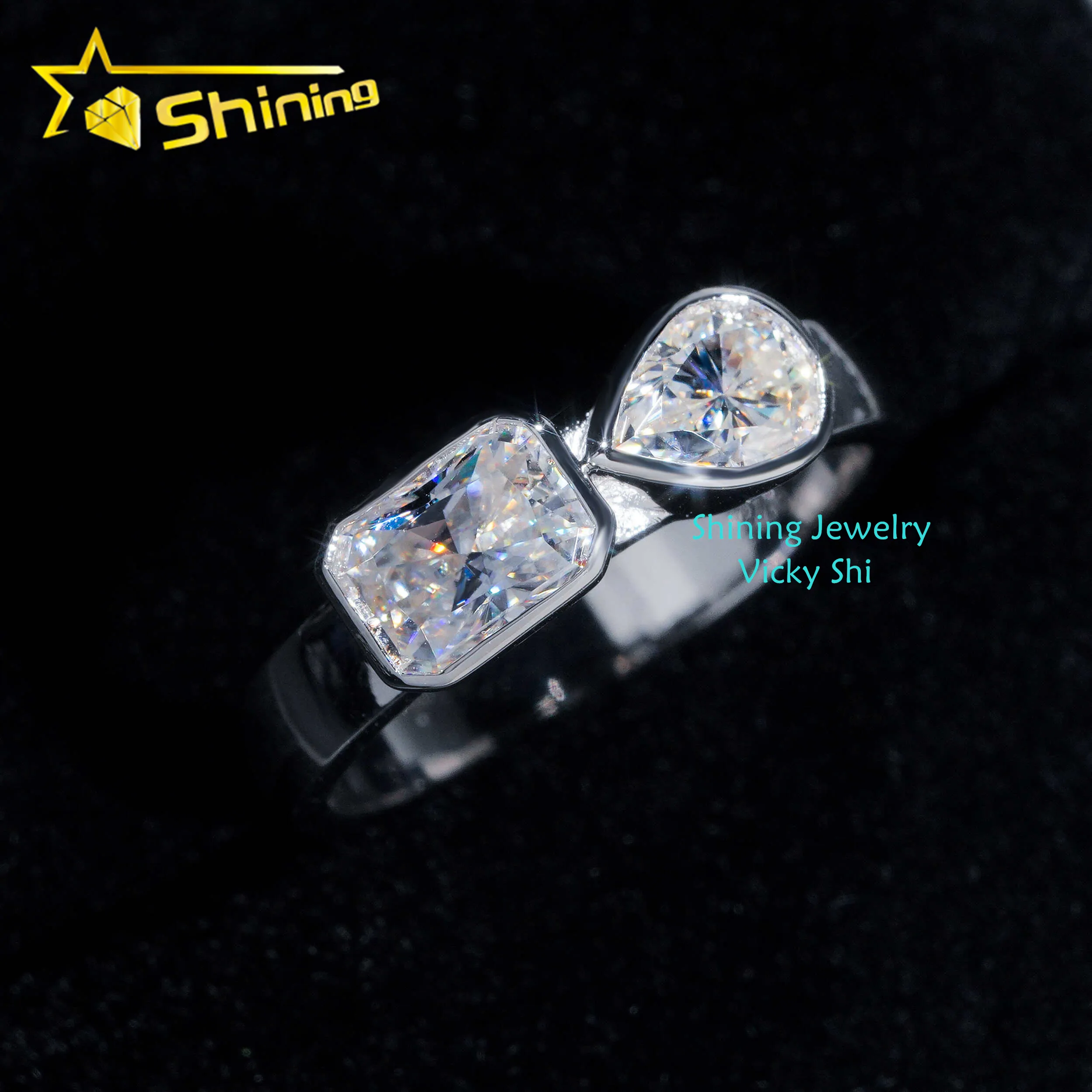 Individuelle feine Schmuckringe S925 Silber Bezel Strahlenschnitt VVS Moissanit Ring Damen Finger Ringe Hochzeit Verlobung