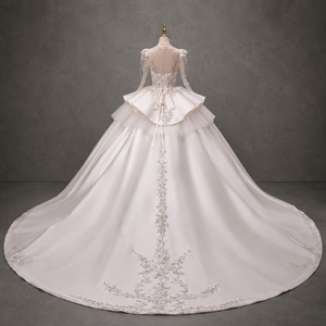 Vestido de Novia de Gala con Cuello Alto, Manga Larga, Cristales, Volantes, Satén, Tallas Grandes, Estilo Princesa, Flores Personalizadas, para Madre de la Novia - Product Image 4